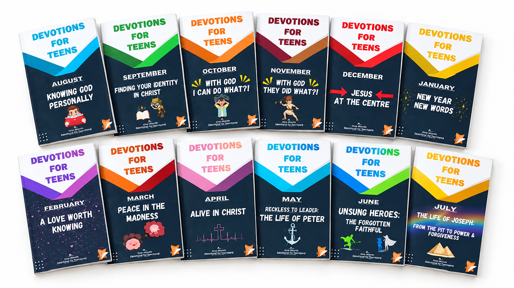 All twelve Devotions for Teens monthly booklets arranged together